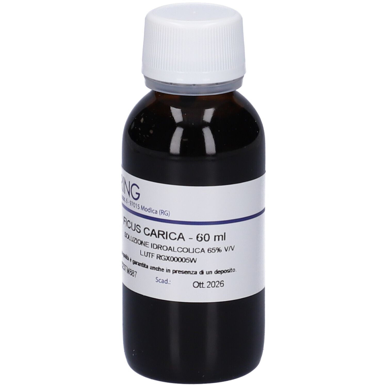 Flacone in vetro marrone, tappo bianco. Etichetta: Ficus Carica - 60 ml, Soluzione Idroalcolica 65% Vol. HERING.