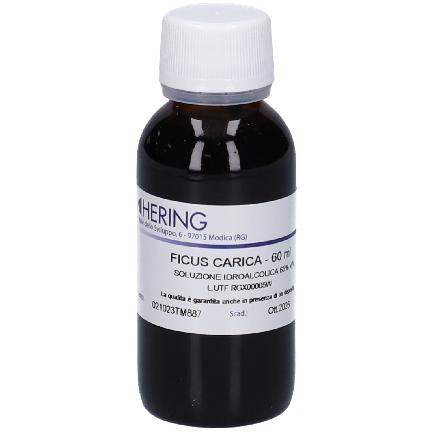 Flacone in vetro marrone, tappo bianco. Etichetta: Ficus Carica - 60 ml, Soluzione Idroalcolica 65% Vol. HERING.