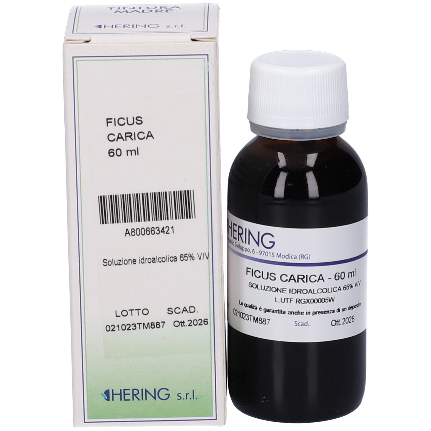 Flacone e scatola HERING. Flacone: Ficus Carica - 60 ml. Scatola: Ficus Carica, 60 ml, Soluzione Idroalcolica 65% Vol.