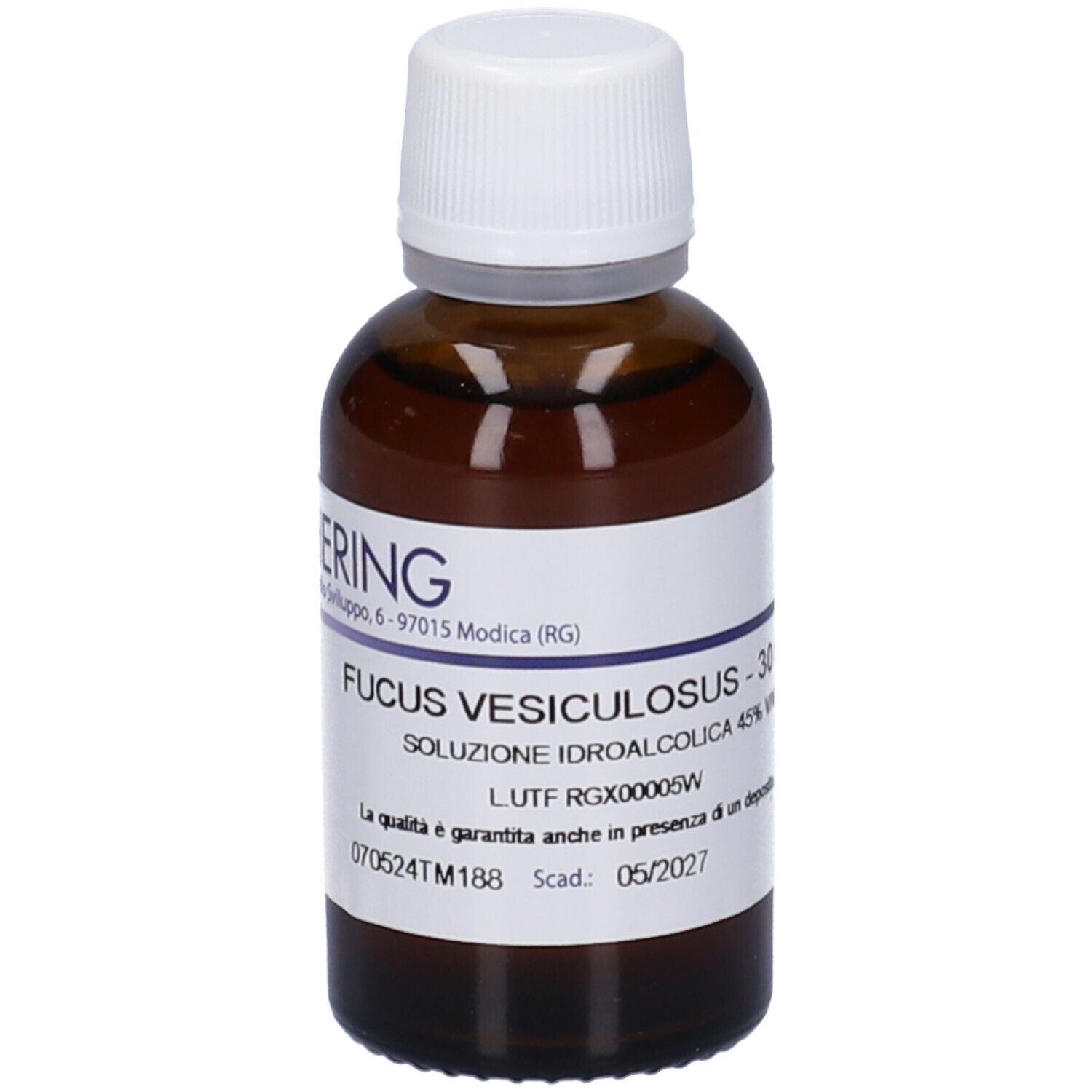 Flacone di vetro marrone con tappo bianco ed etichetta. Scritta: Fucus Vesiculosus, soluzione, 30 ml, 05/2027.