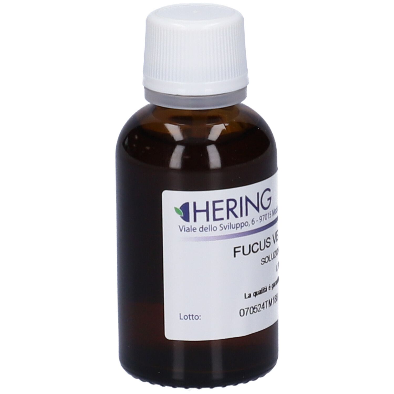 Flacone di vetro marrone con tappo bianco ed etichetta. Scritta: HERING, Fucus Vesiculosus, soluzione, 30 ml.