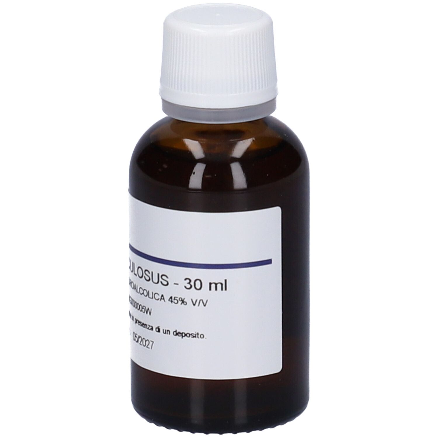 Flacone di vetro marrone con tappo bianco ed etichetta. Scritta: Fucus Vesiculosus - 30 ml.