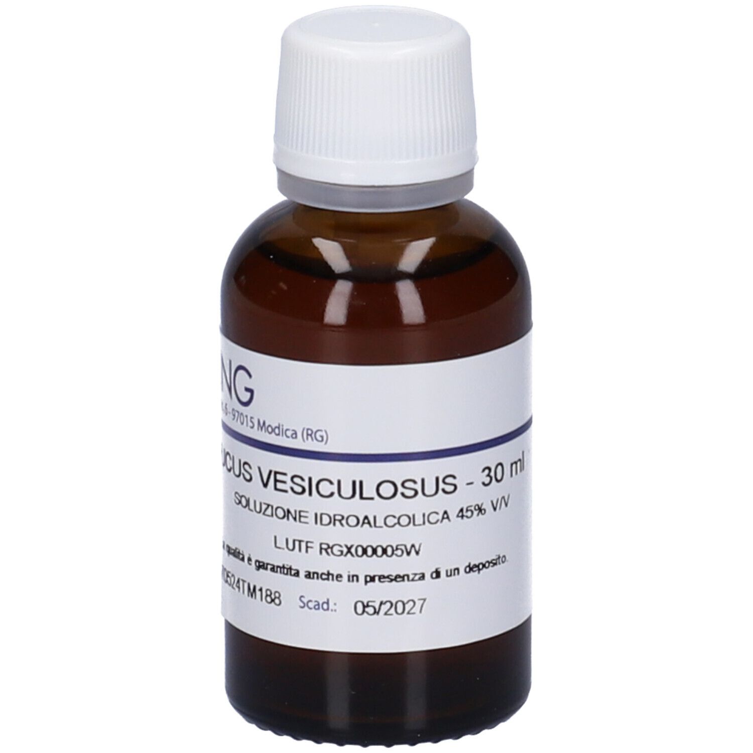 Flacone di vetro marrone con tappo bianco ed etichetta. Scritta: Fucus Vesiculosus - 30 ml, 05/2027.