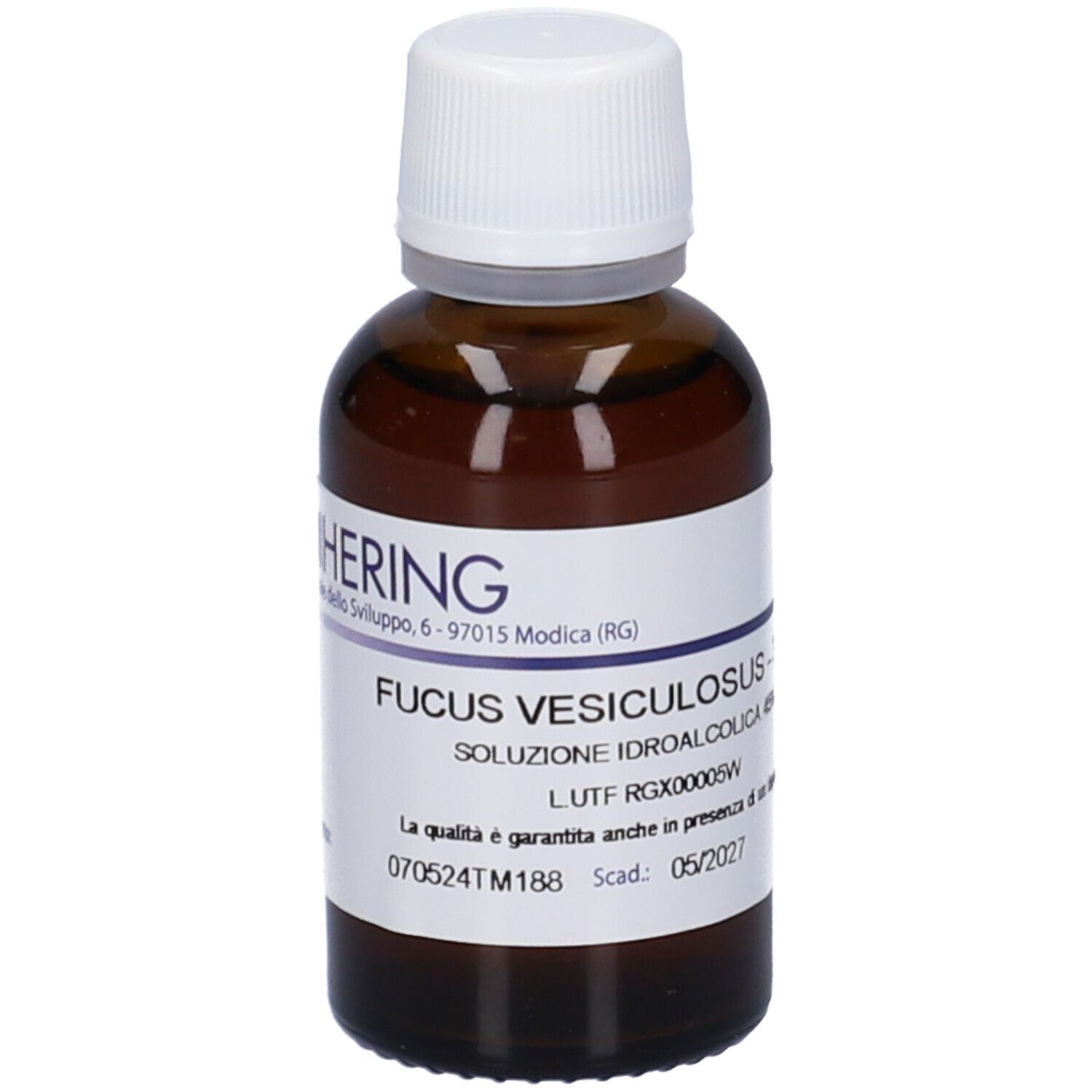 Flacone di vetro marrone con tappo bianco ed etichetta. Scritta: Fucus Vesiculosus, 05/2027.