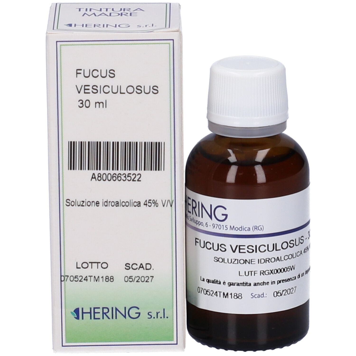 Flacone di vetro marrone con tappo bianco e scatola. Scritta: Fucus Vesiculosus, 30 ml, 05/2027.