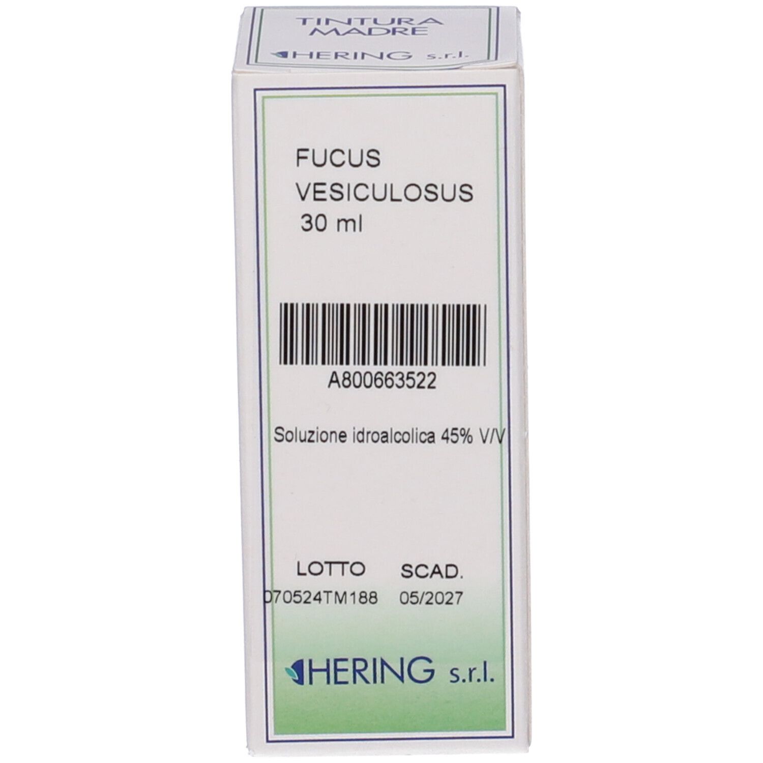 Scatola con scritta: Fucus Vesiculosus, 30 ml, 05/2027.