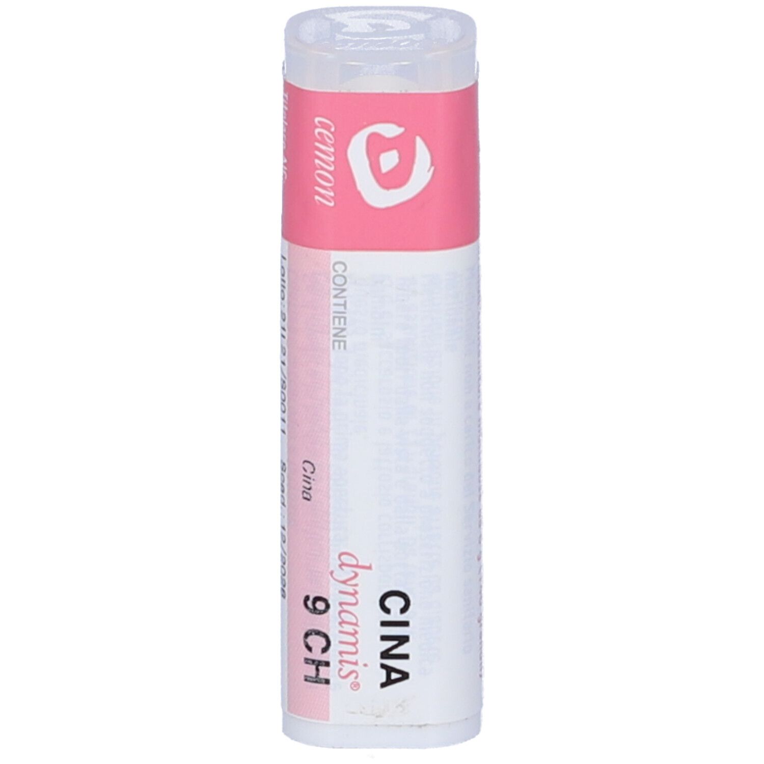 Confezione cilindrica con etichetta rosa. Testo: CINA 9 CH, dynamis, Cemon. Contiene globuli.