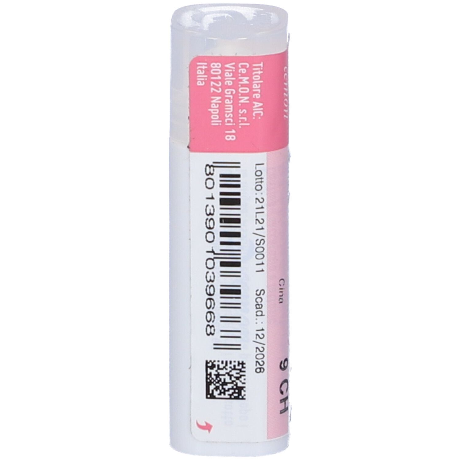 Confezione cilindrica con etichetta rosa. Testo: CINA 9 CH, dynamis, Cemon. Contiene globuli. Codice a barre e data di scadenza.