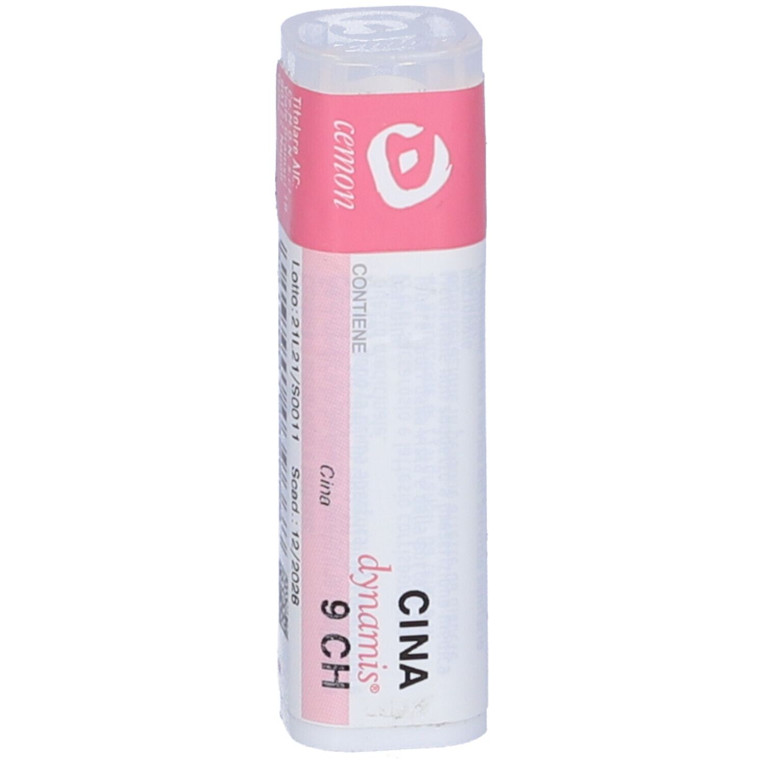 Confezione cilindrica con etichetta rosa. Testo: CINA 9 CH, dynamis, Cemon. Contiene globuli.