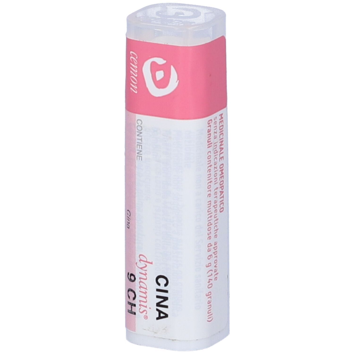 Confezione cilindrica con etichetta rosa. Testo: CINA 9 CH, dynamis, Cemon. Contiene globuli. Prodotto medico.