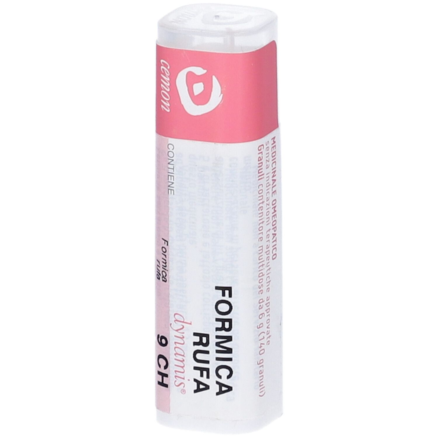 Confezione cilindrica. Scritte: FORMICA RUFA 9 CH, cemon, dynamis. Etichetta rosa con testo.