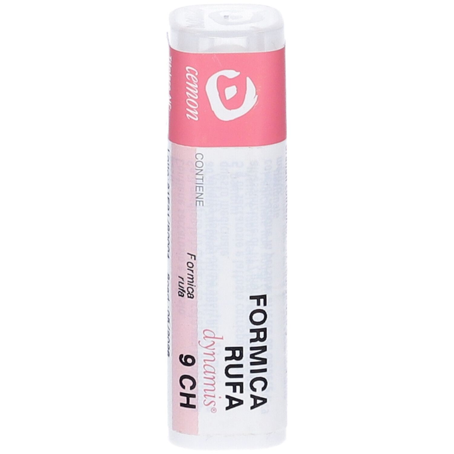 Confezione cilindrica. Scritte: FORMICA RUFA 9 CH, cemon, dynamis. Etichetta rosa con testo.