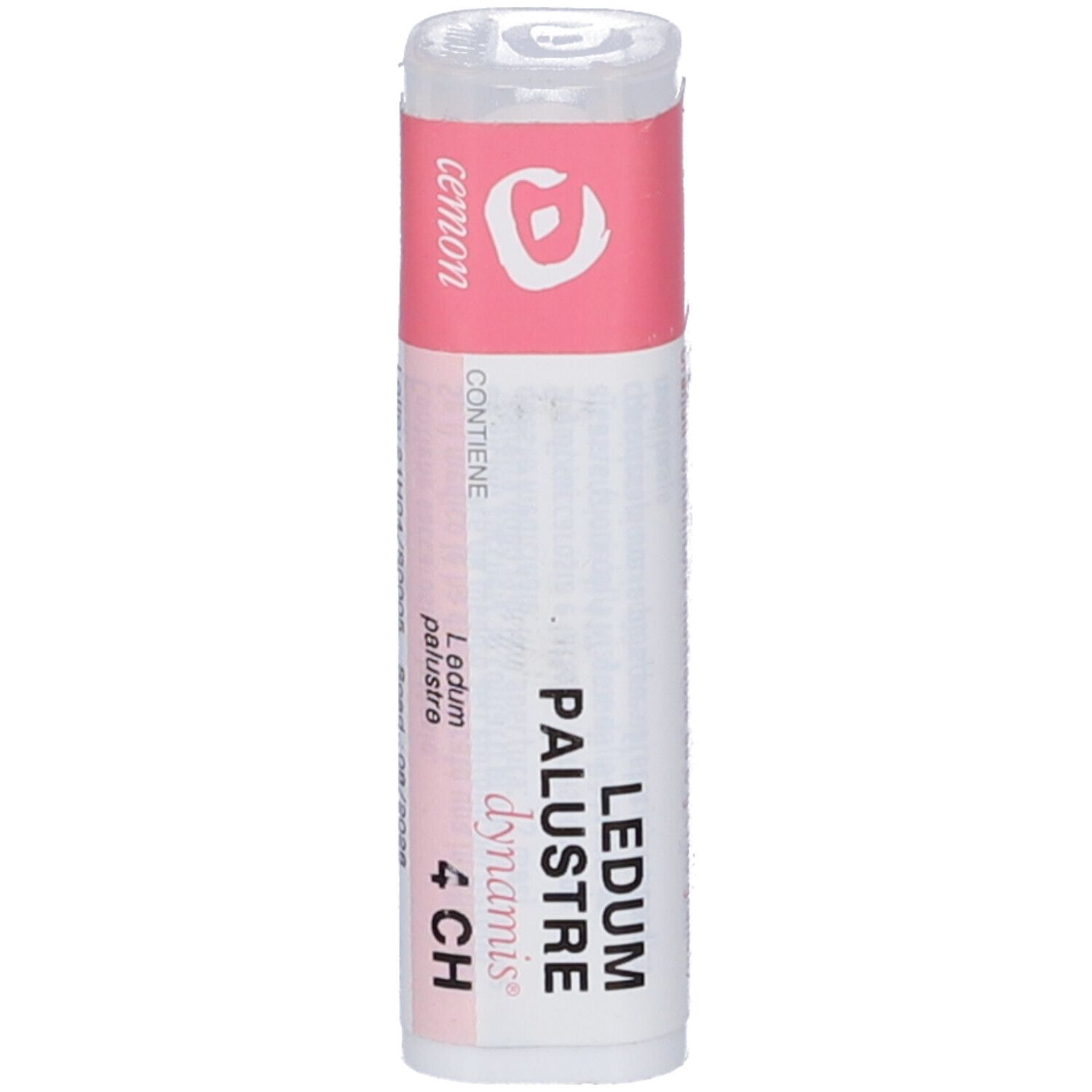 Confezione cilindrica con etichetta rosa e bianca. "Ledum Palustre 4 CH" visibile.
