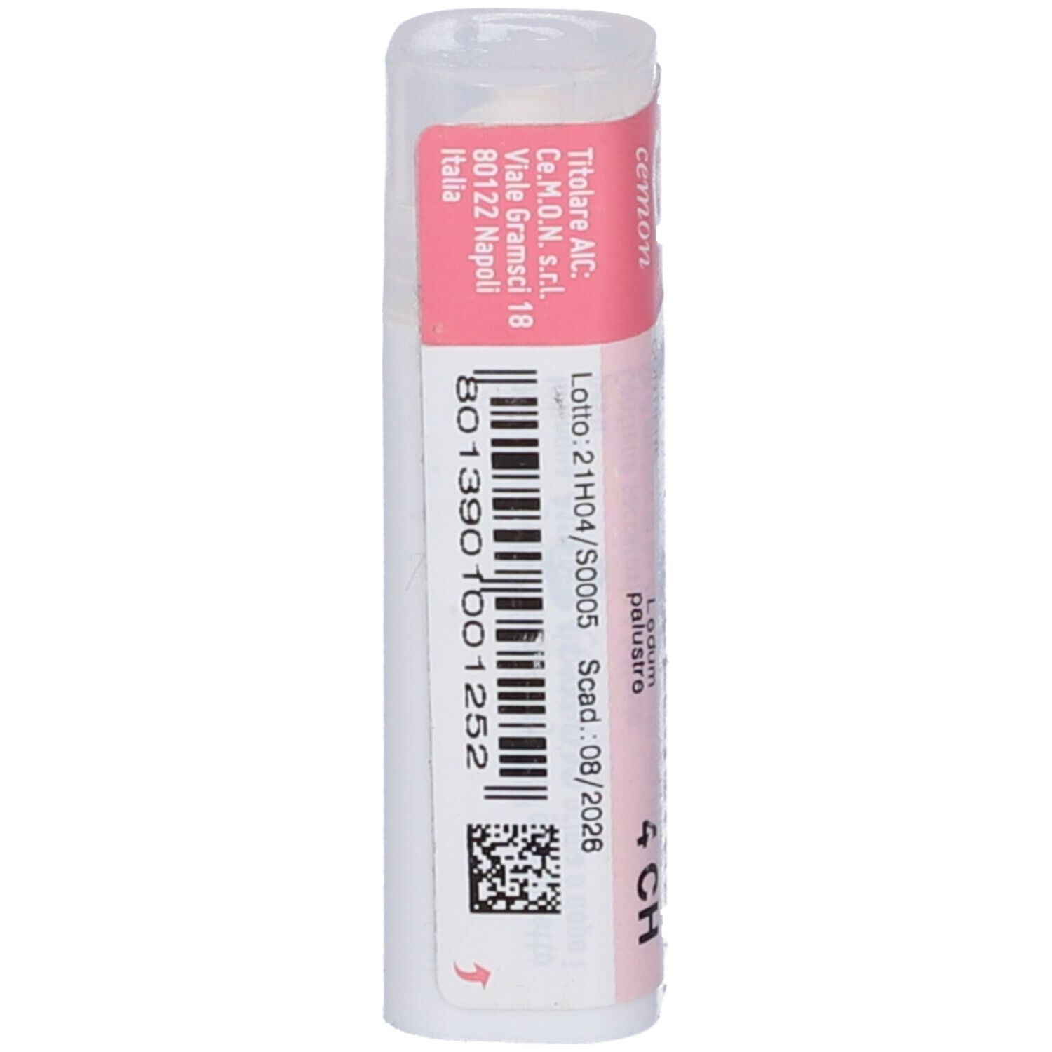Confezione cilindrica con etichetta rosa e bianca. Codice a barre e dettagli di produzione.