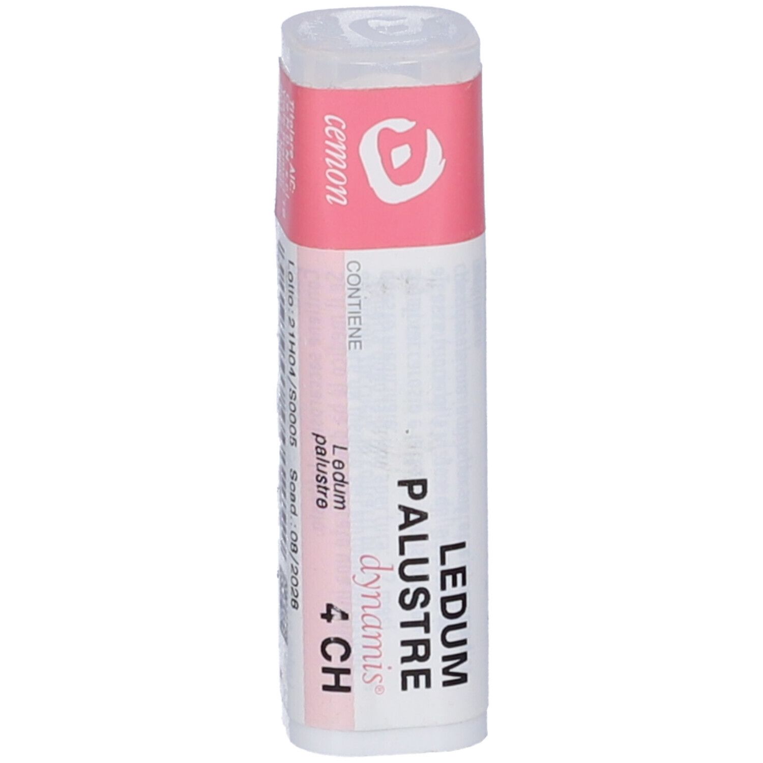 Confezione cilindrica con etichetta rosa e bianca. "Ledum Palustre 4 CH" visibile.