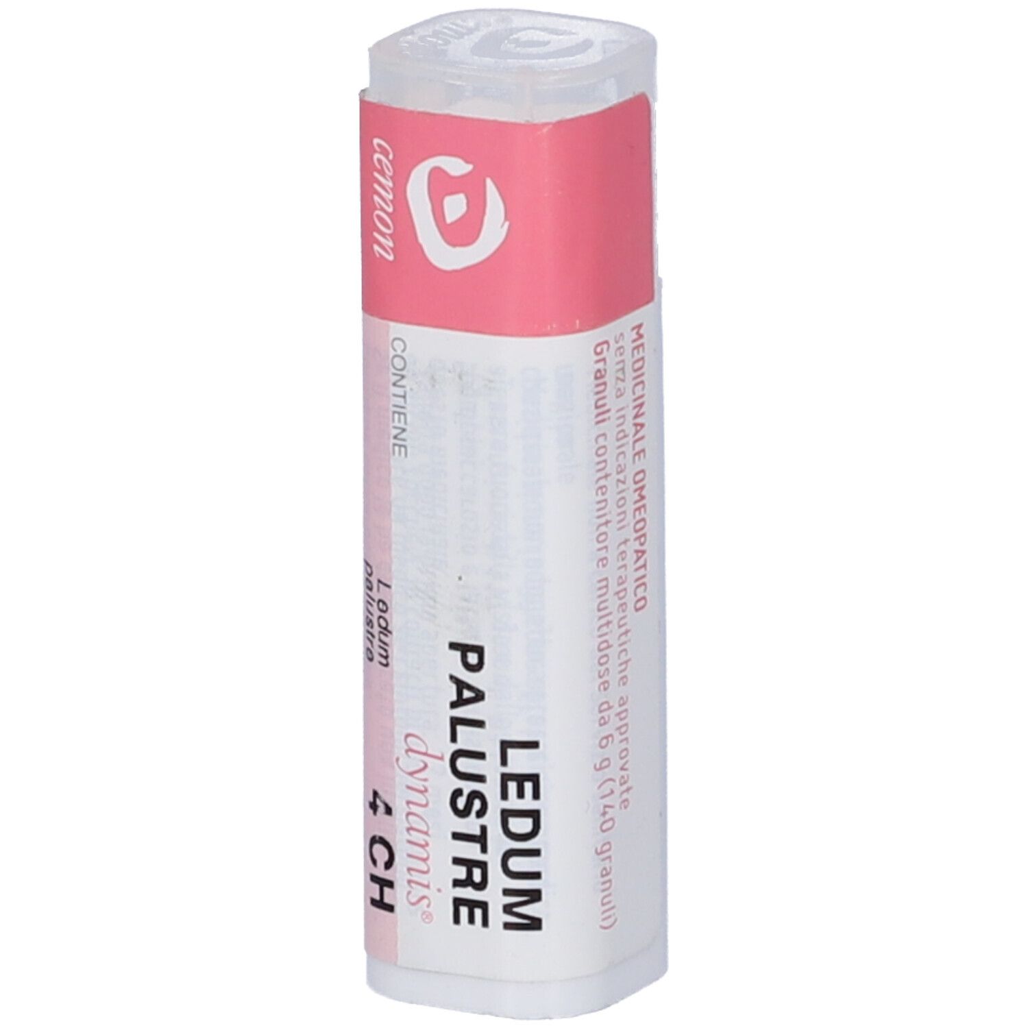 Confezione cilindrica con etichetta rosa e bianca. "Ledum Palustre 4 CH" e testo.