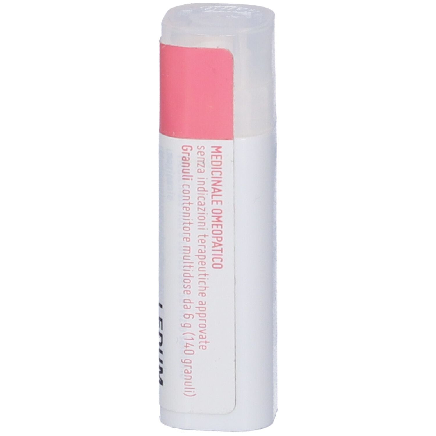 Confezione cilindrica con etichetta rosa e bianca. Testo sulla medicina omeopatica.