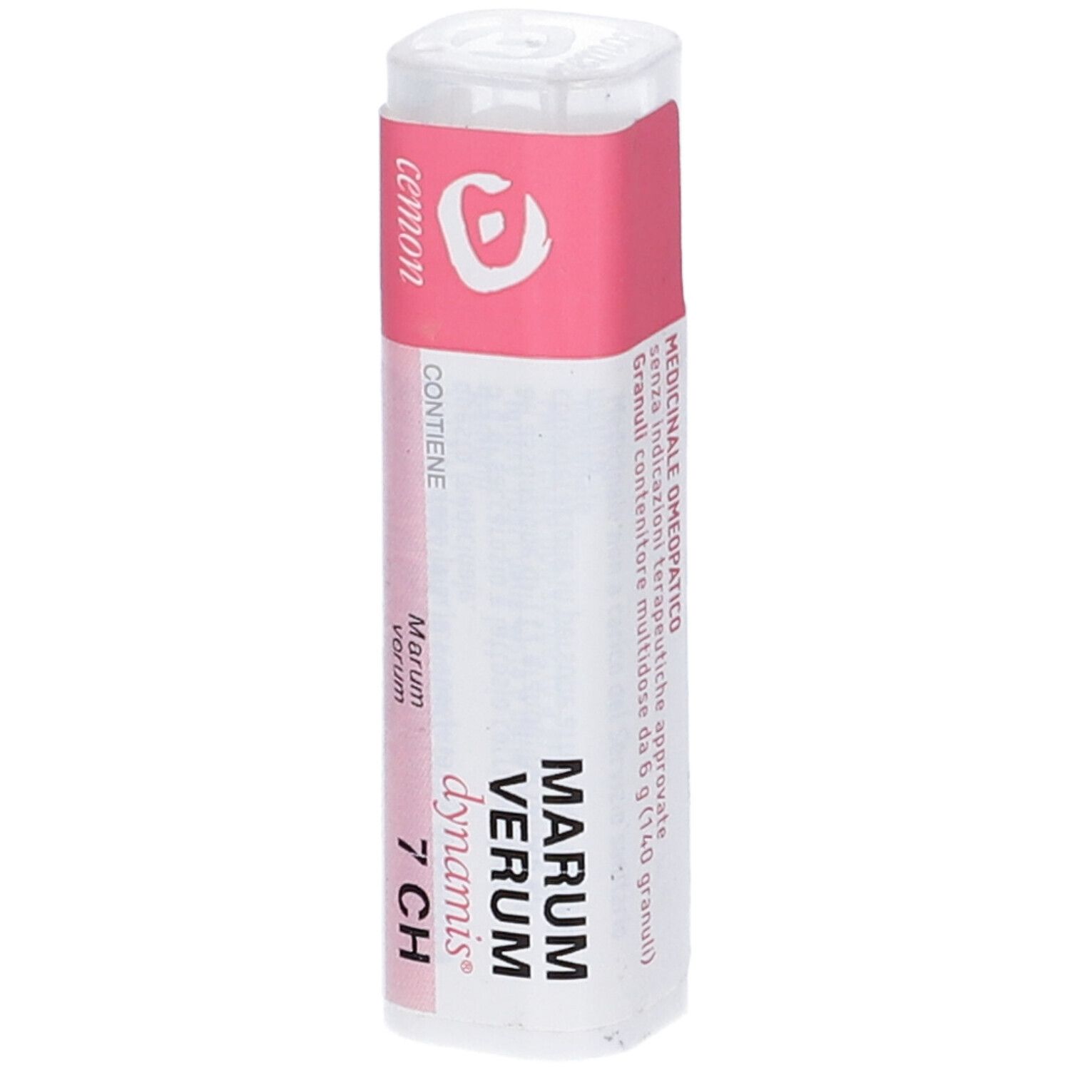 Confezione cilindrica con fascia rosa. Scritta: Marum Verum 7 CH, cemon dynamis.