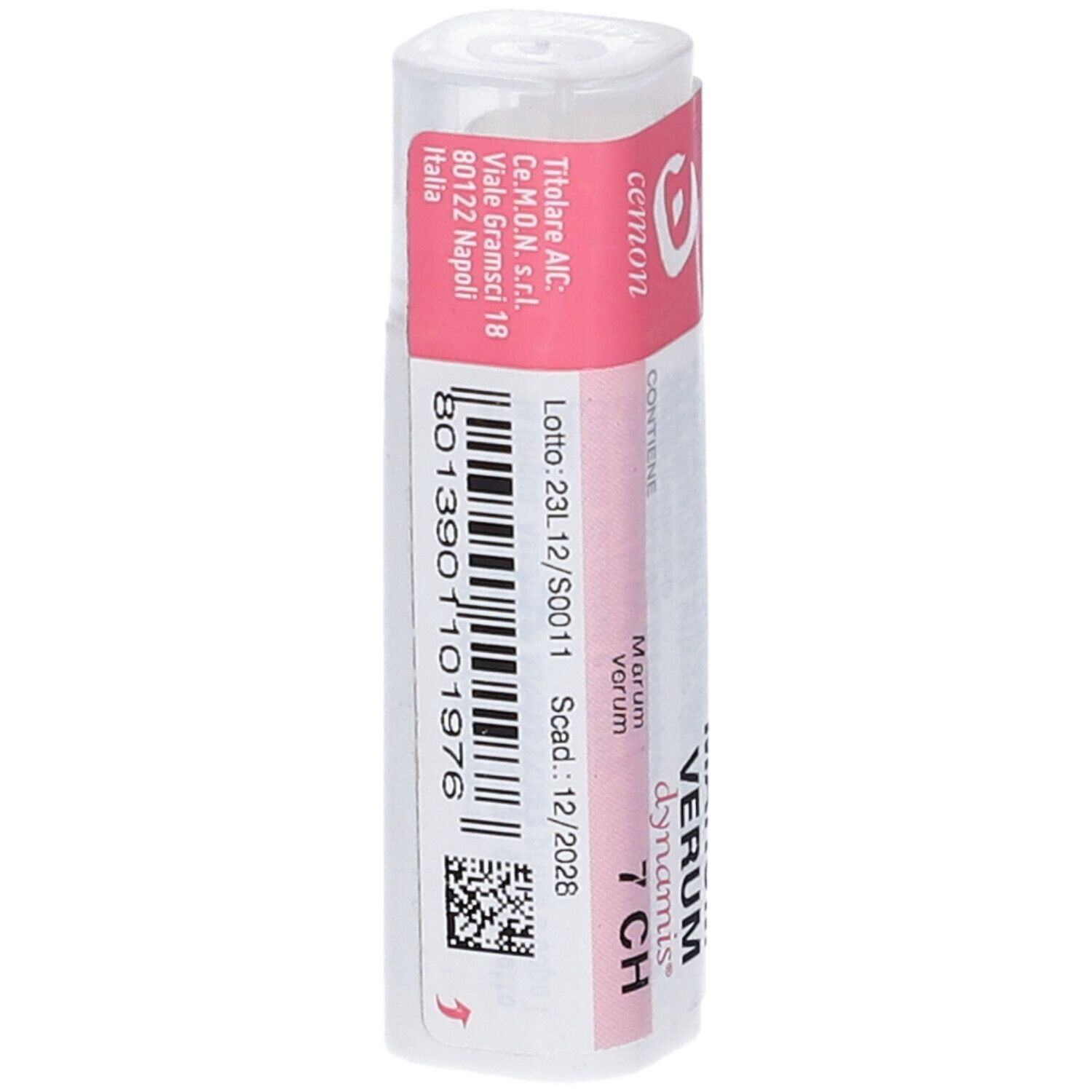 Confezione cilindrica con fascia rosa. Scritta: Marum Verum 7 CH, cemon dynamis, codice a barre.