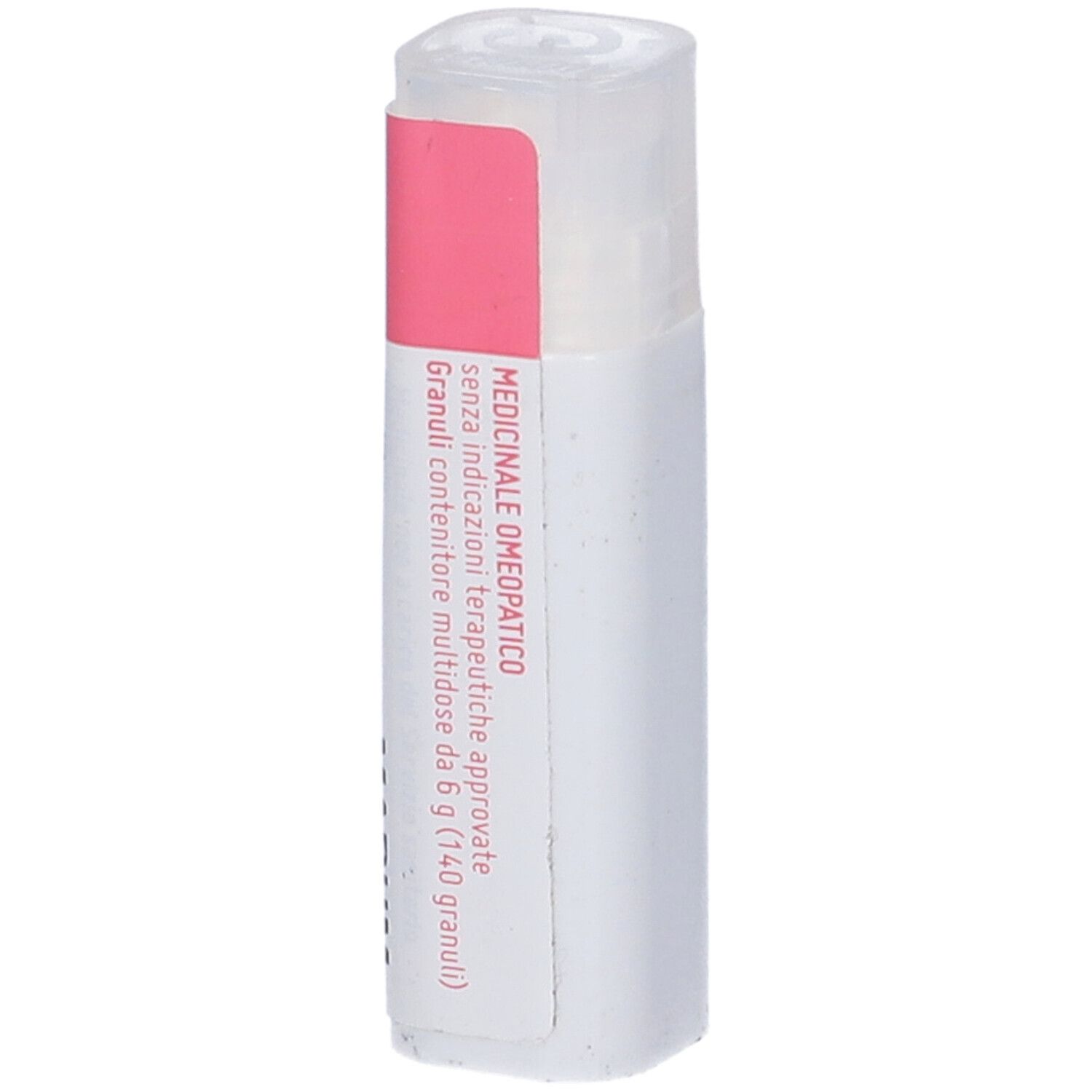 Confezione cilindrica con fascia rosa. Scritta: Medicinale omeopatico.