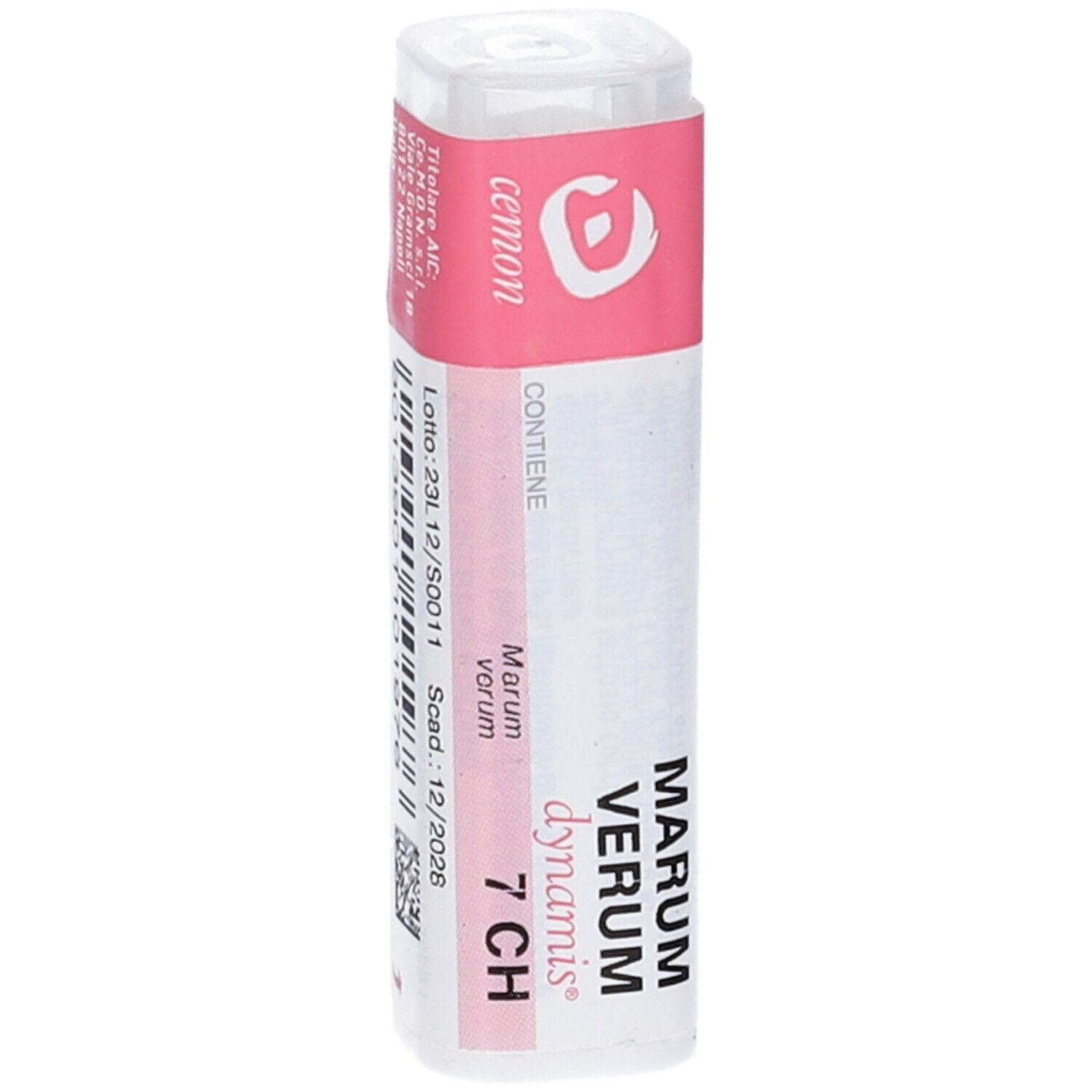 Confezione cilindrica con fascia rosa. Scritta: Marum Verum 7 CH, cemon dynamis, codice a barre.
