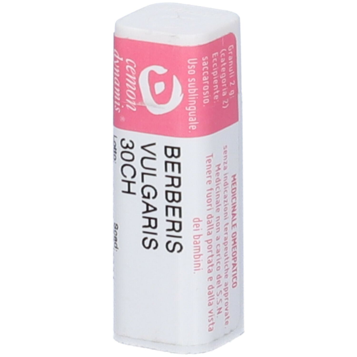 Confezione rettangolare bianca con etichetta rosa. Scritta: Berberis Vulgaris 30CH, altre informazioni.
