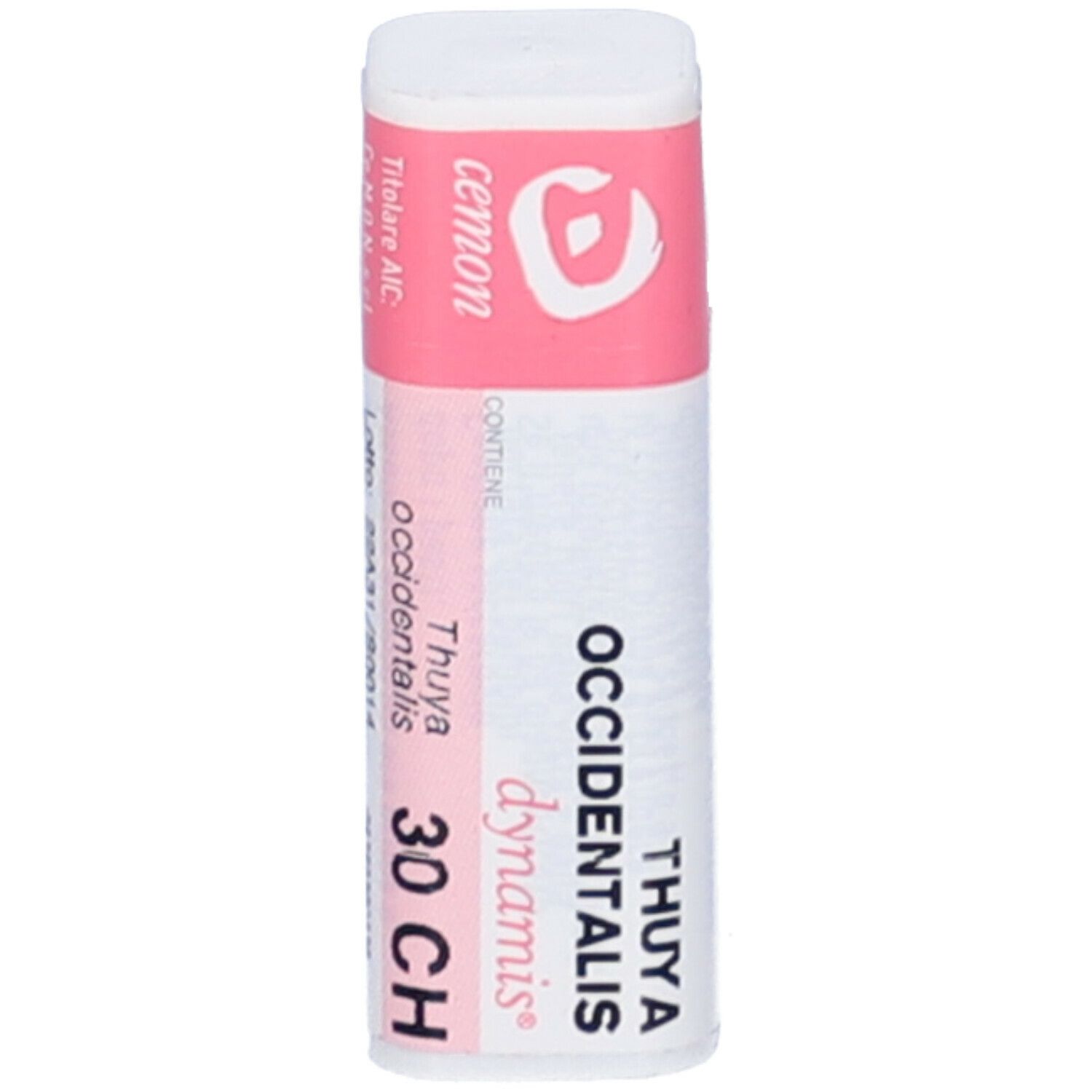 Confezione cilindrica con fascia rosa. Scritta: Cemon, Thuya occidentalis 30 CH. Tappo bianco.