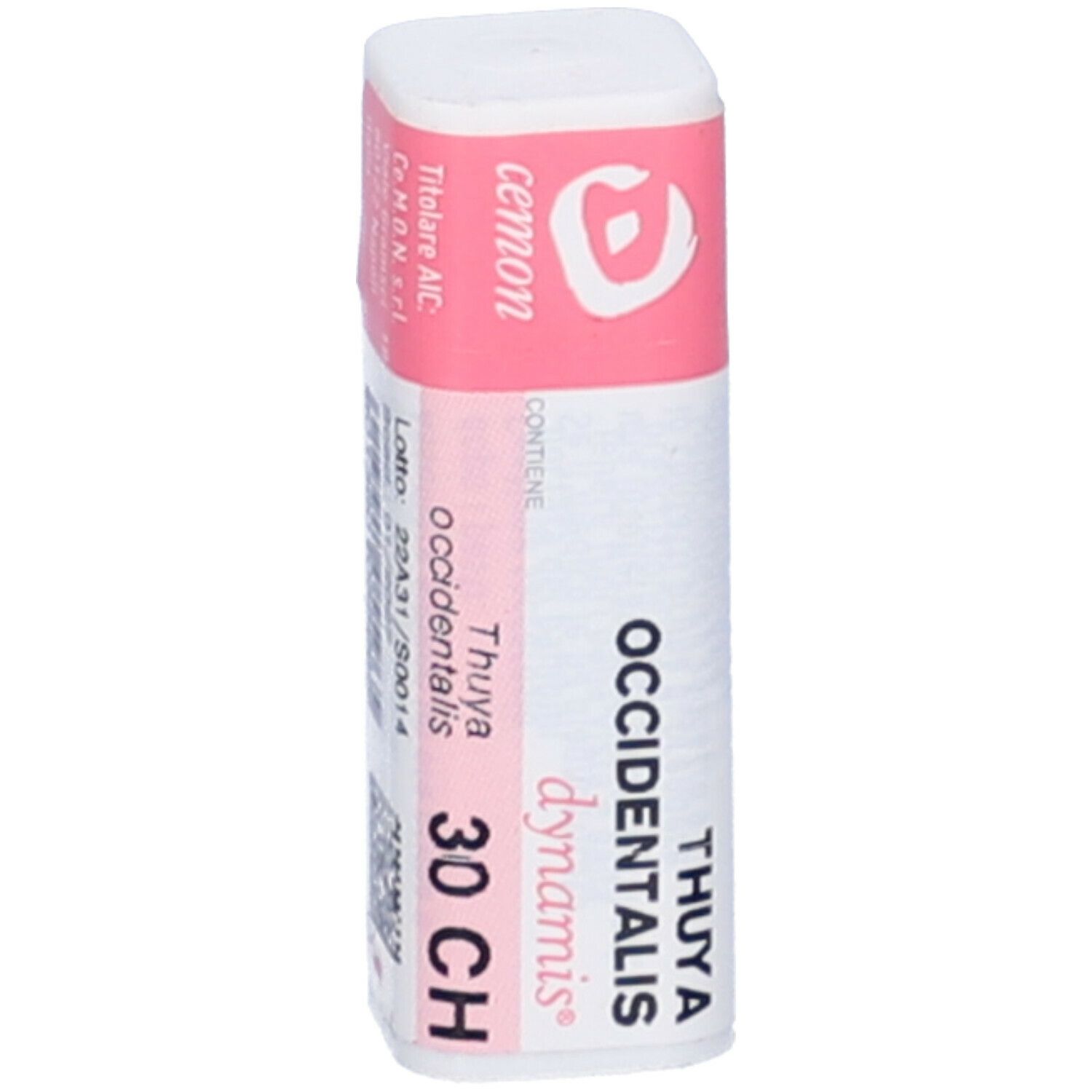 Confezione cilindrica leggermente inclinata. Fascia rosa con testo: Cemon, Thuya occidentalis 30 CH.
