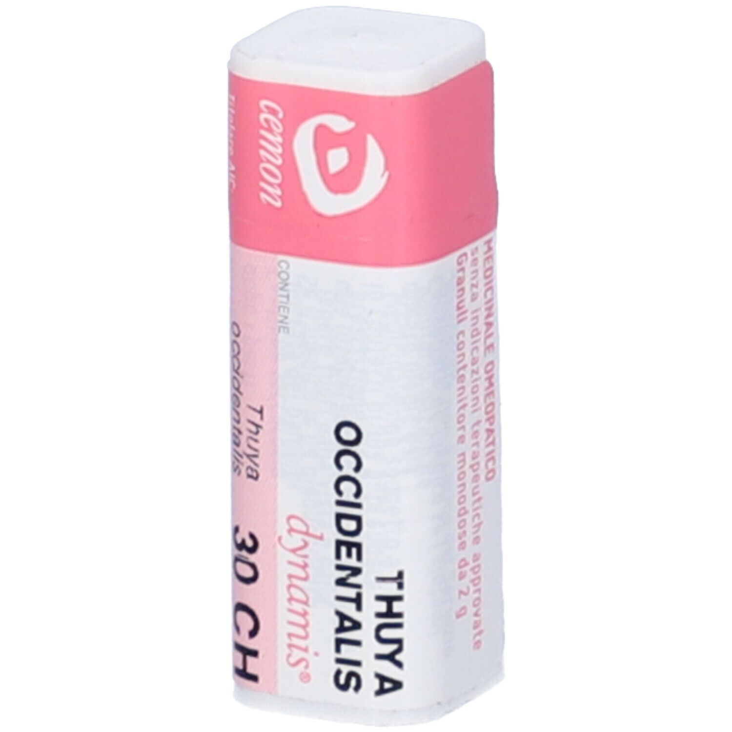 Confezione cilindrica leggermente inclinata. Fascia rosa con testo: Cemon, Thuya occidentalis 30 CH.
