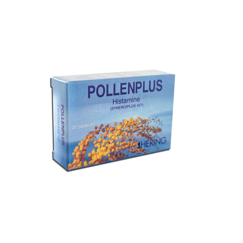 Scatola blu e bianca POLLENPLUS, 30 capsule, Istamina, logo Hering. Illustrazione di fiori gialli.