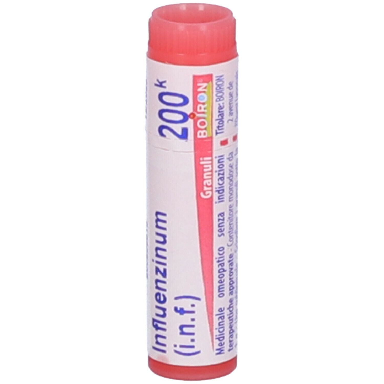 Tubo cilindrico con Influenzinum (i.n.f.) 200k, Granuli, BOIRON. Tappo rosso.