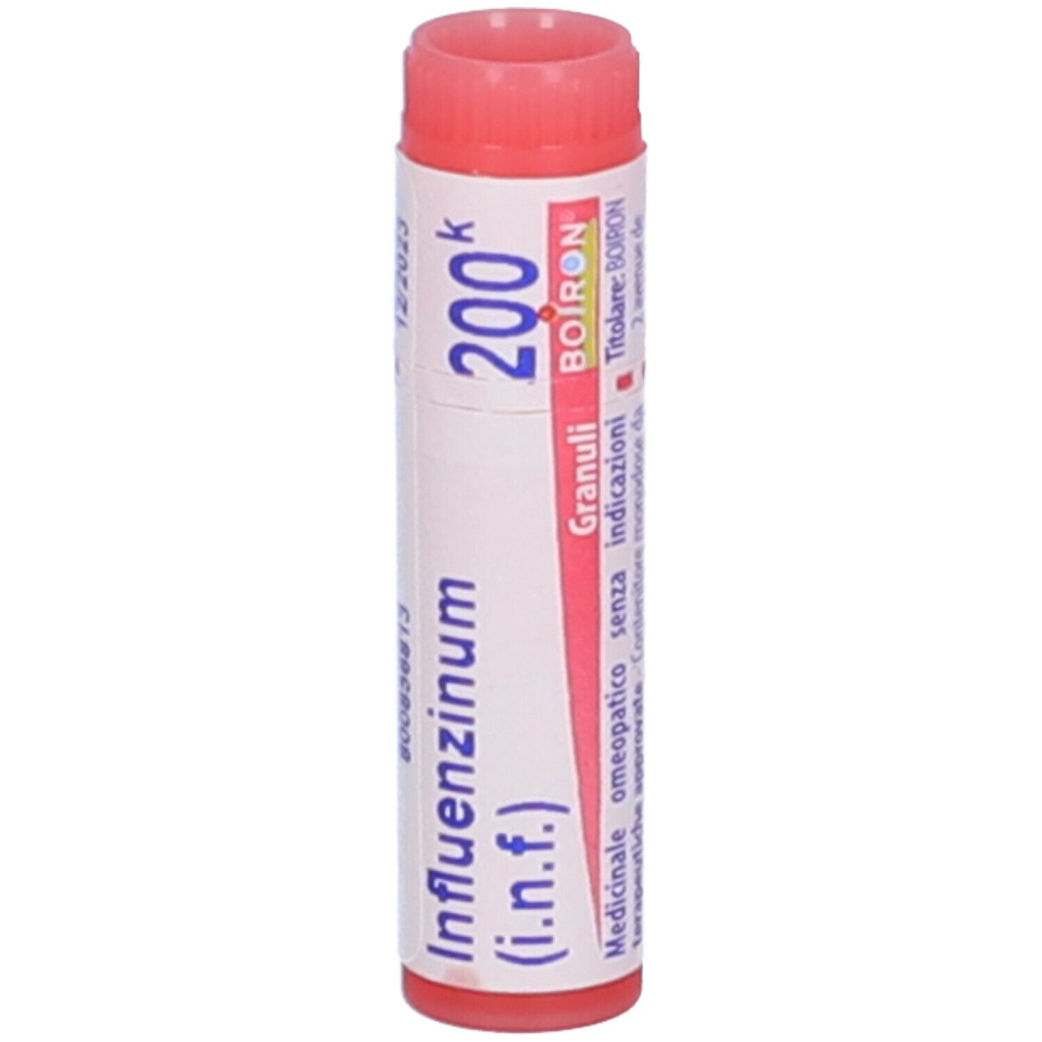 Tubo cilindrico con Influenzinum (i.n.f.) 200k, Granuli, BOIRON. Tappo rosso.