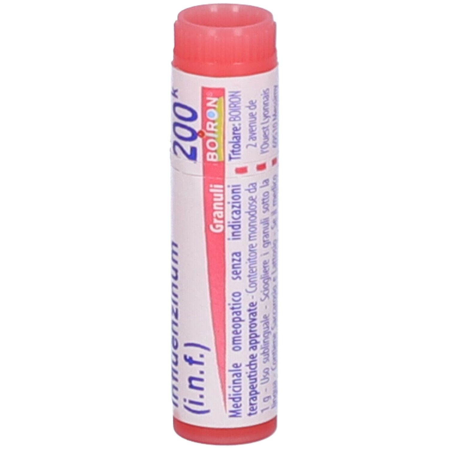 Tubo cilindrico con Influenzinum (i.n.f.) 200k, Granuli, BOIRON. Tappo rosso.
