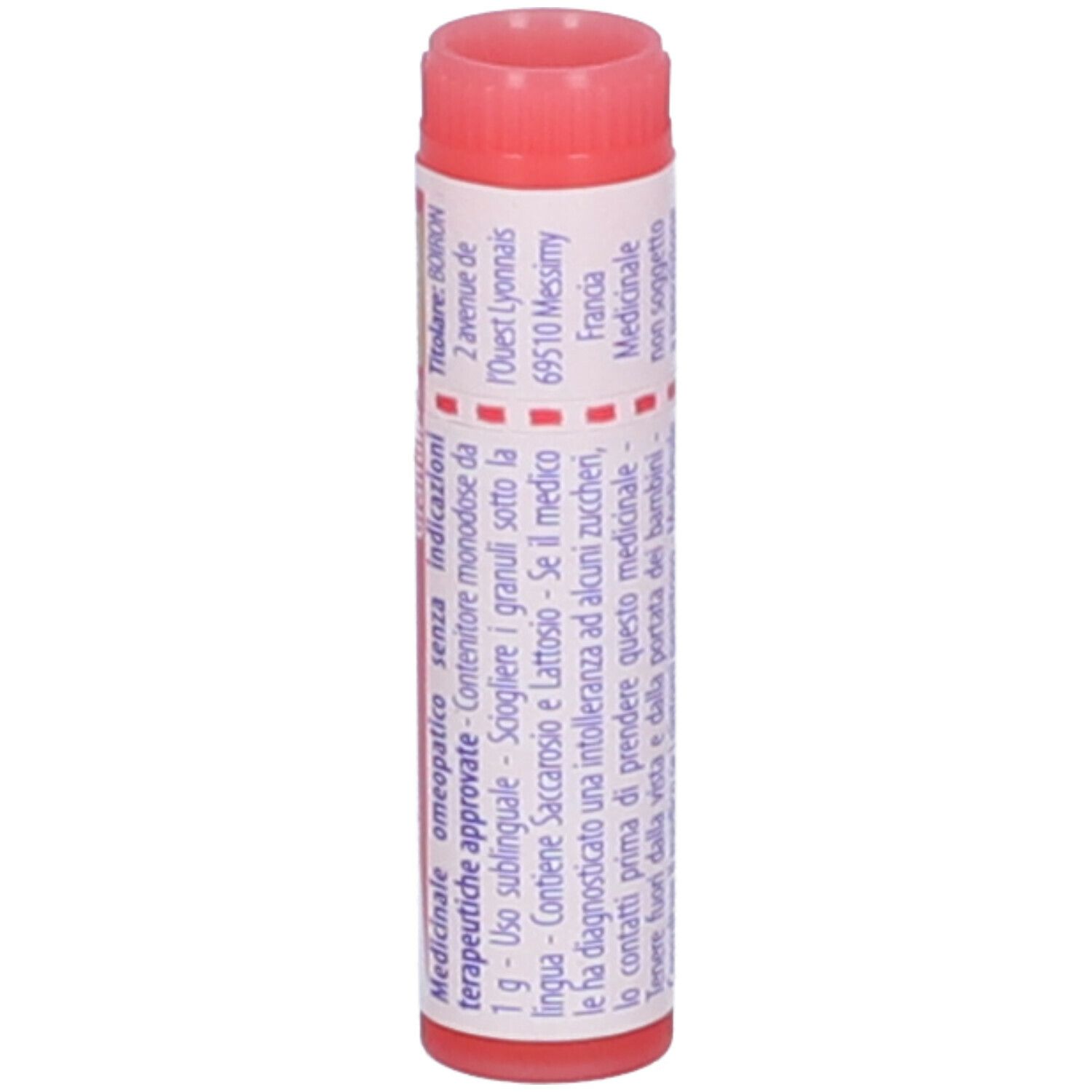 Tubo cilindrico con Influenzinum (i.n.f.) 200k, Granuli, BOIRON. Tappo rosso.