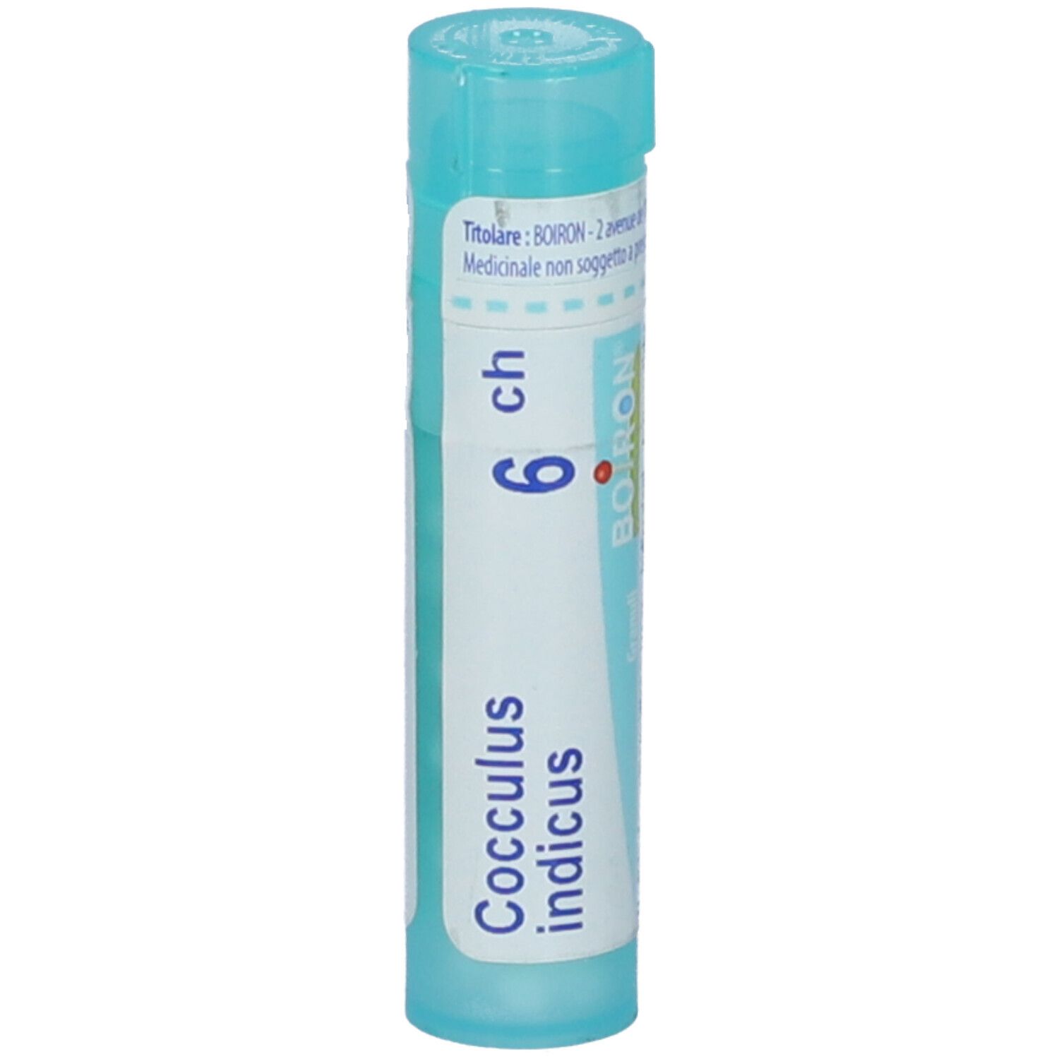 Confezione cilindrica blu. Scritta: Cocculus indicus 6 ch. Logo BOIRON. Tappo blu.