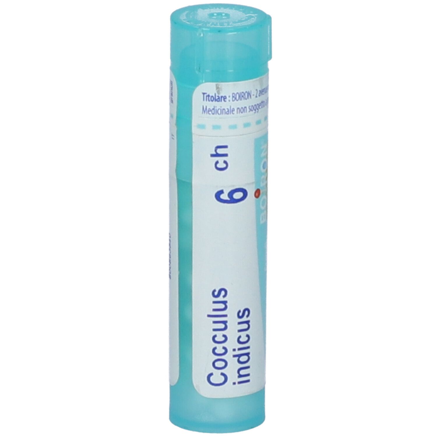 Confezione cilindrica blu. Scritta: Cocculus indicus 6 ch. Tappo blu. Contenuto visibile.