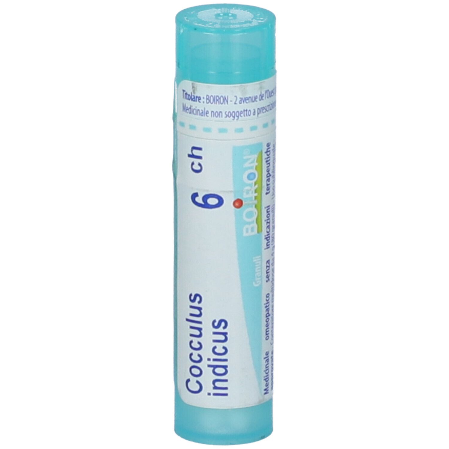 Confezione cilindrica blu. Scritta: Cocculus indicus 6 ch. Logo BOIRON. Tappo blu.