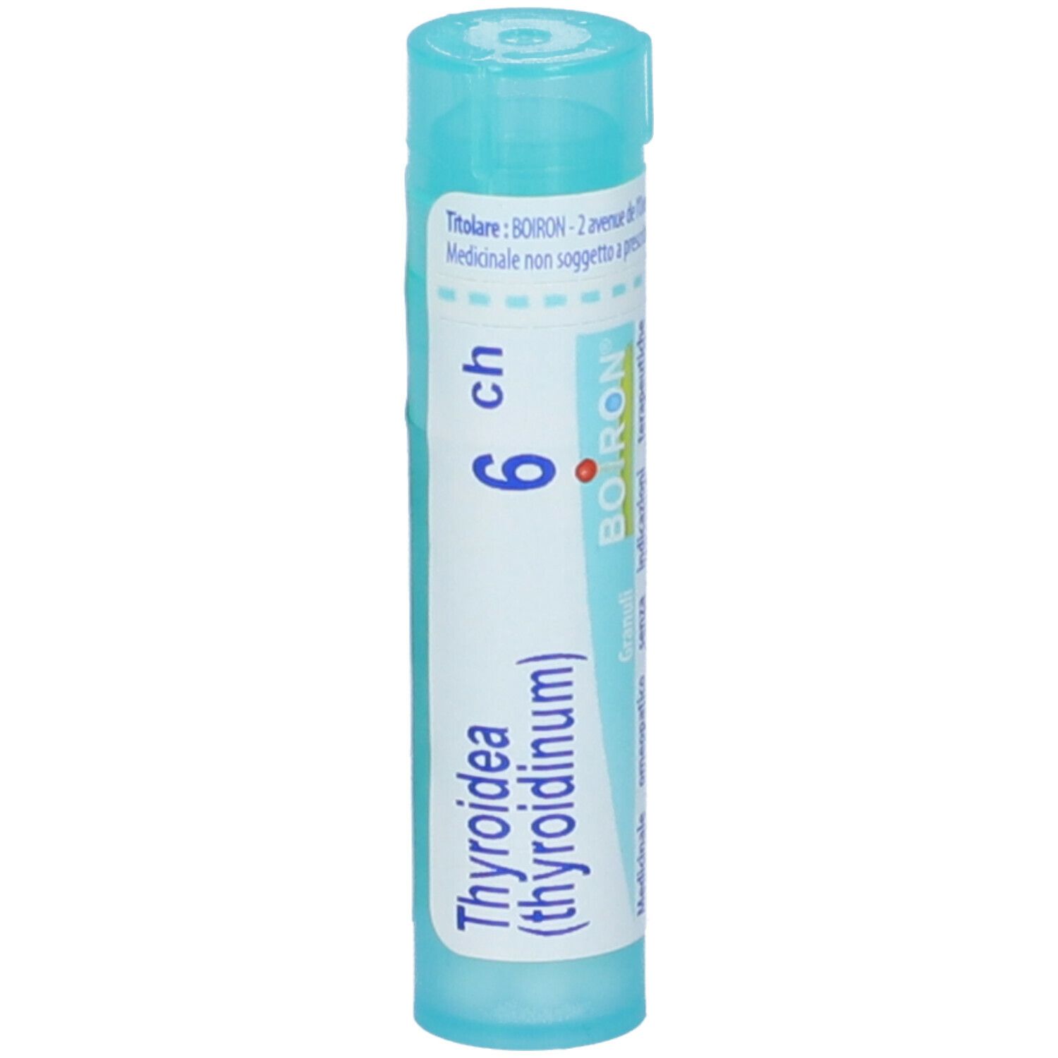 Confezione cilindrica, blu e bianca, con 'Thyroidea (thyroidinum)' e '6 ch'. Marchio BOIRON.