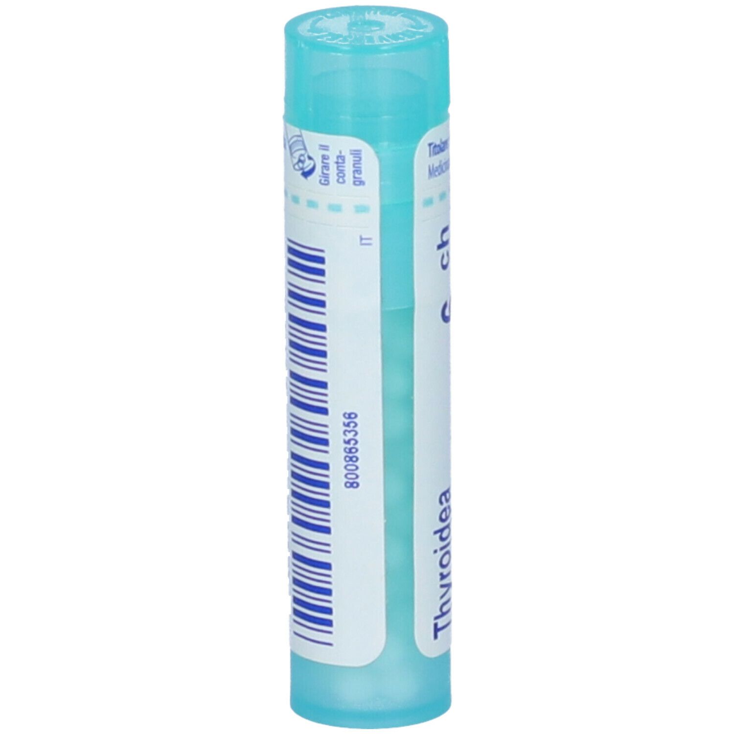 Confezione cilindrica blu con 'Thyroidea' e '6 ch'. Contiene granuli. Marchio BOIRON.