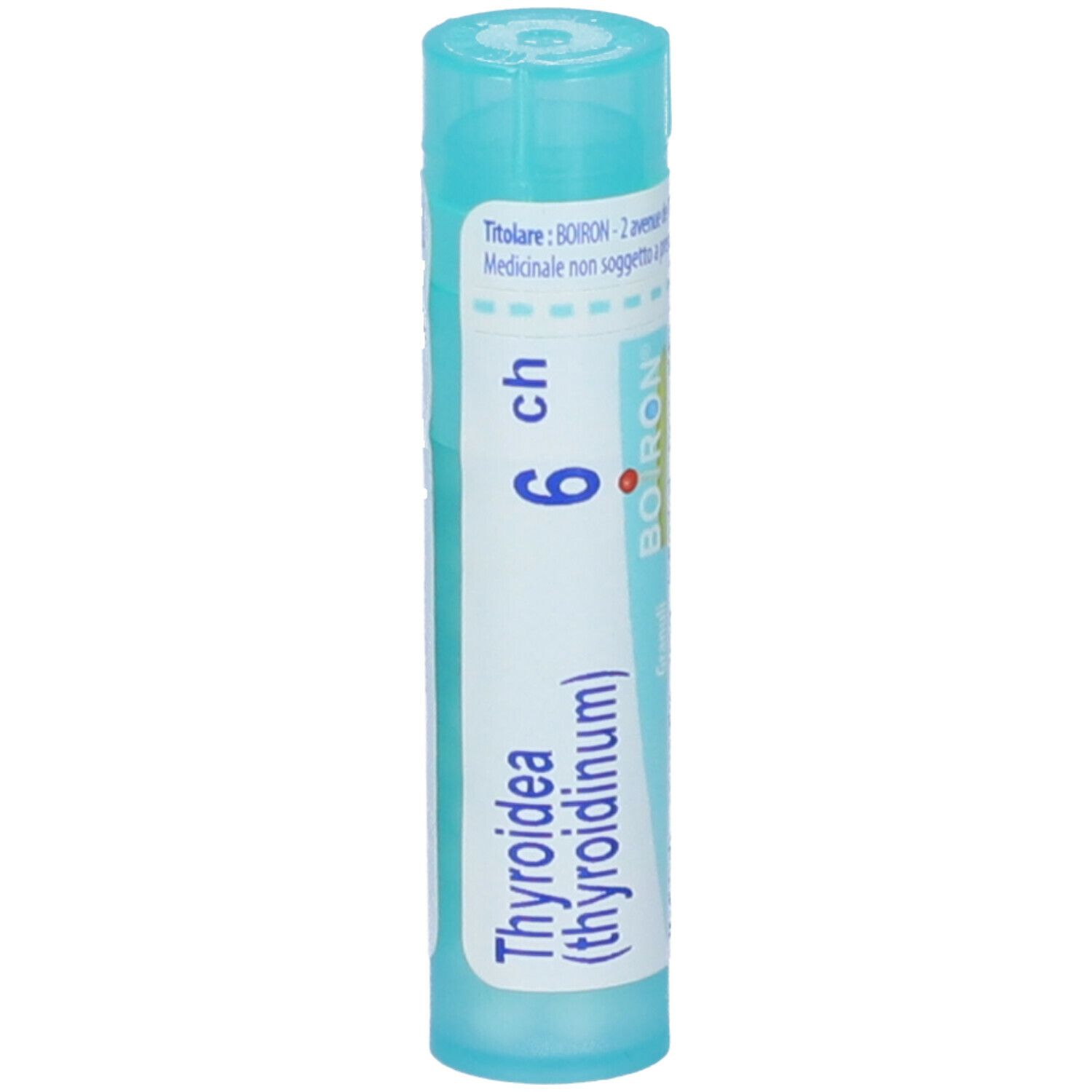 Confezione cilindrica, blu e bianca, con 'Thyroidea (thyroidinum)' e '6 ch'. Marchio BOIRON.