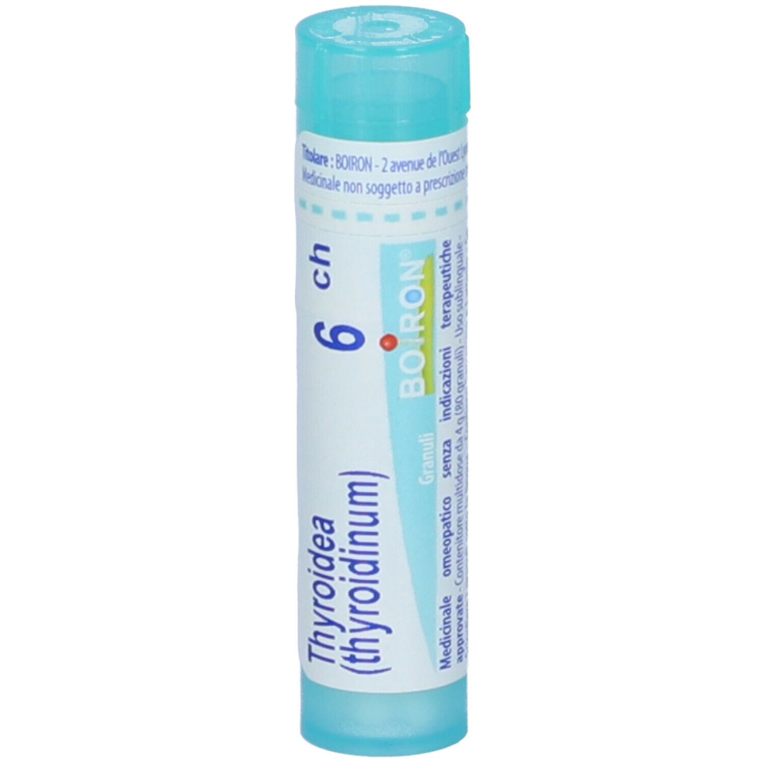 Confezione cilindrica blu con 'Thyroidea (thyroidinum)' e '6 ch'. Marchio BOIRON.