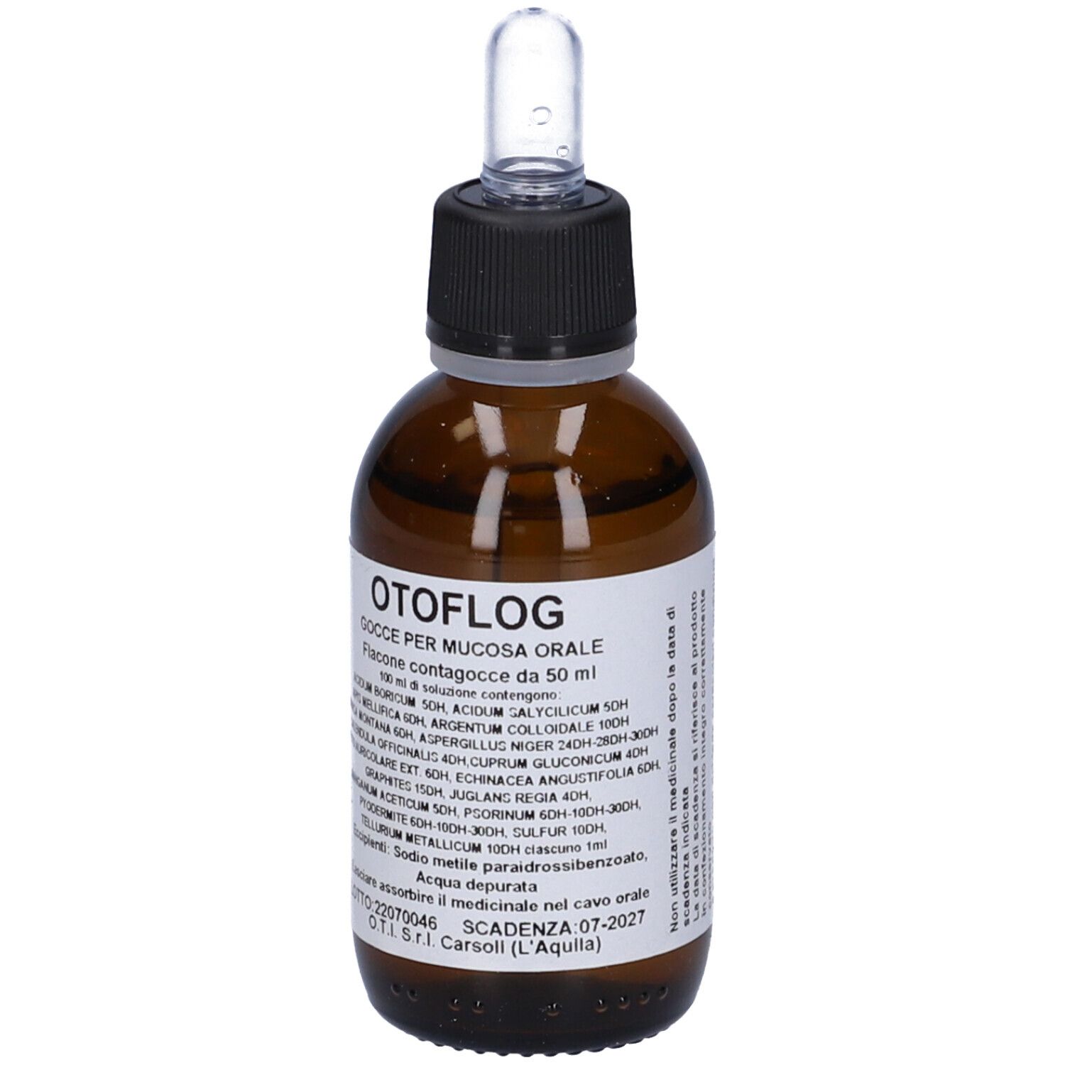Flacone di vetro marrone con tappo nero e contagocce. Etichetta con nome del prodotto e ingredienti. Soluzione in gocce.