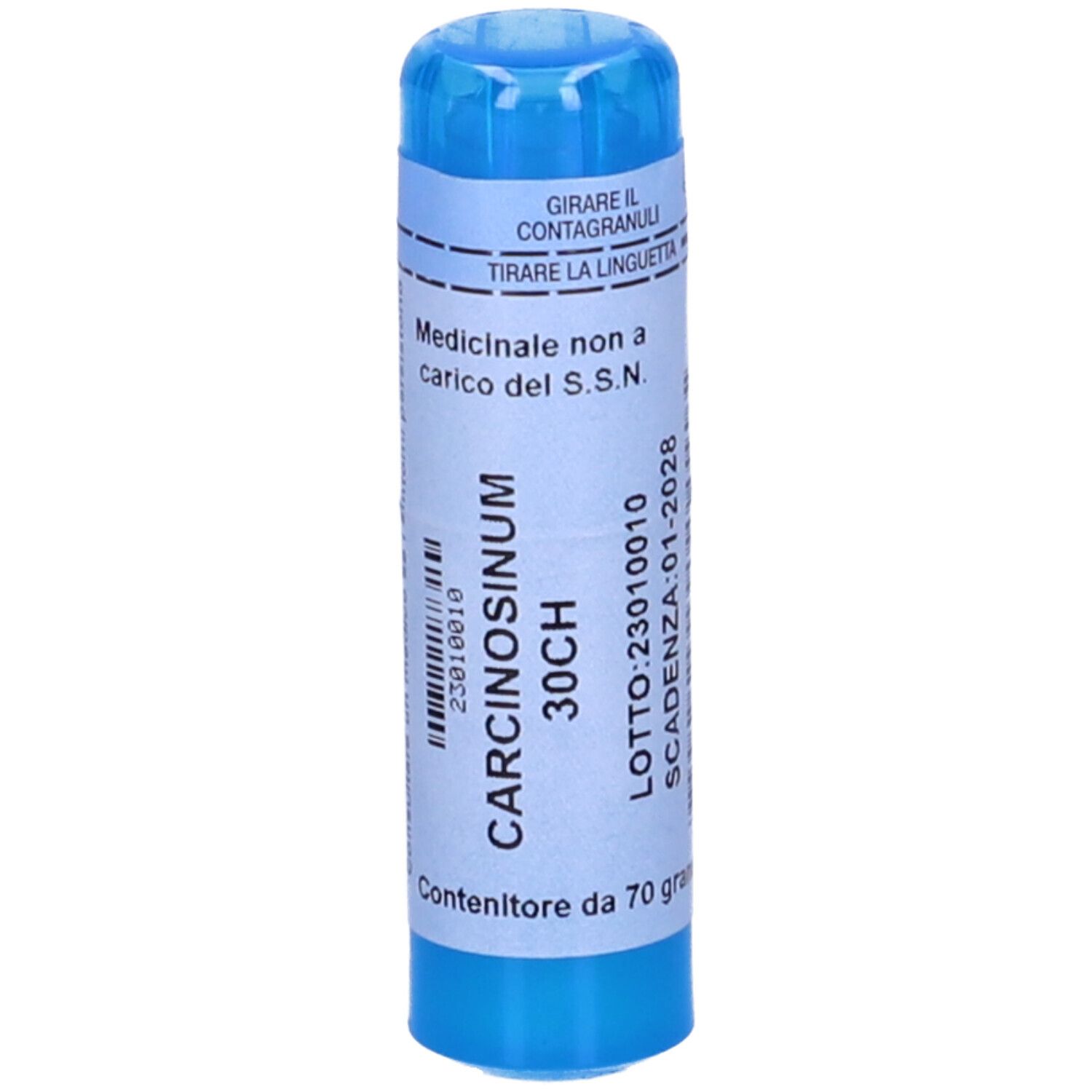 Contenitore cilindrico blu con etichetta bianca. Scritta: Carcinosinum 30CH, 70 Granuli. Con tappo blu.