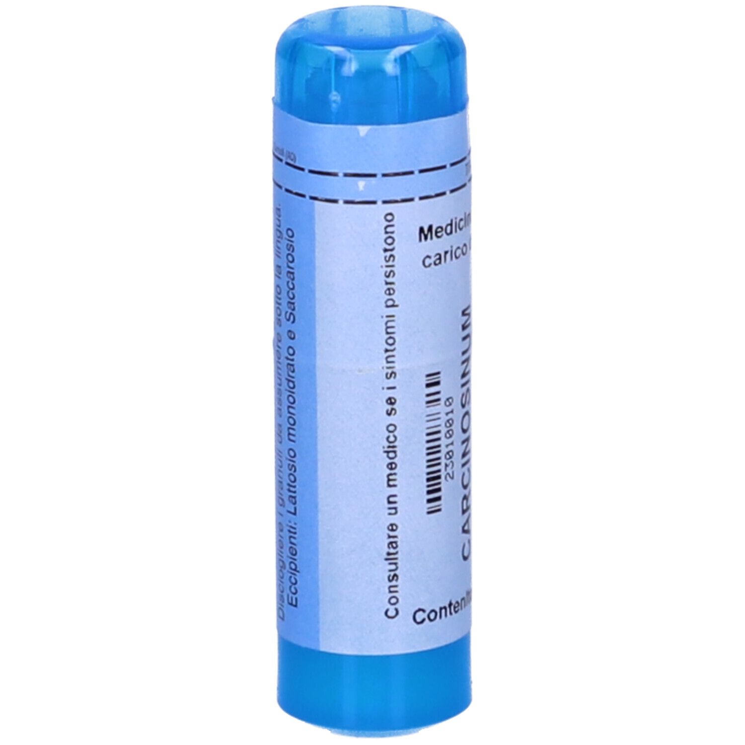 Contenitore cilindrico blu con etichetta bianca. Scritta: Carcinosinum. Con tappo blu.