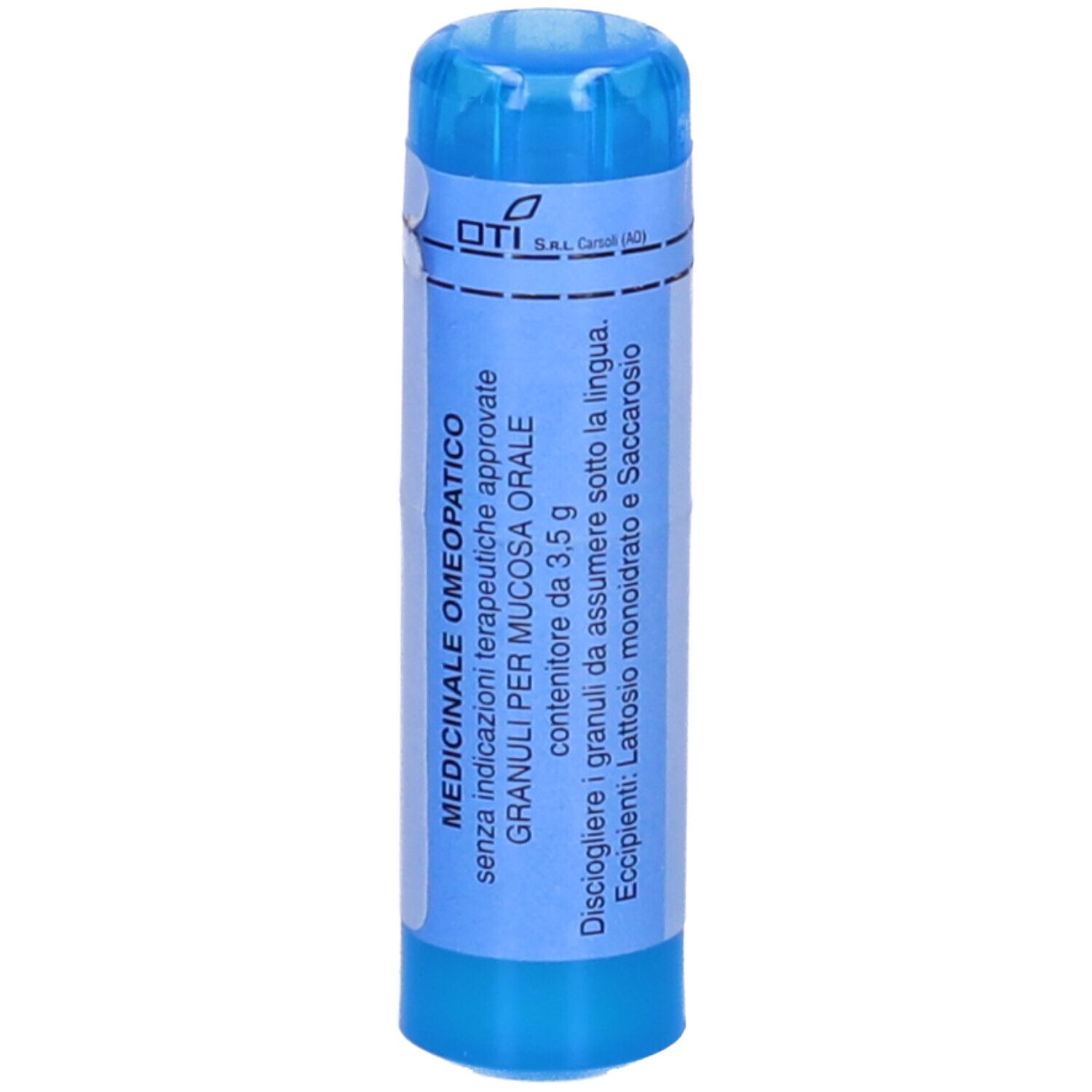 Contenitore cilindrico blu con etichetta bianca. Scritta: OTI, Granuli per mucosa orale. Con tappo blu.