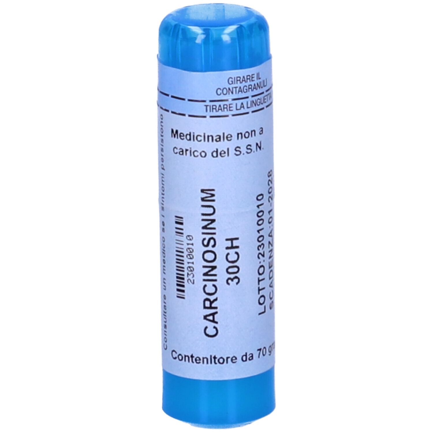 Contenitore cilindrico blu con etichetta bianca. Scritta: Carcinosinum 30CH, 70 Granuli. Con tappo blu.