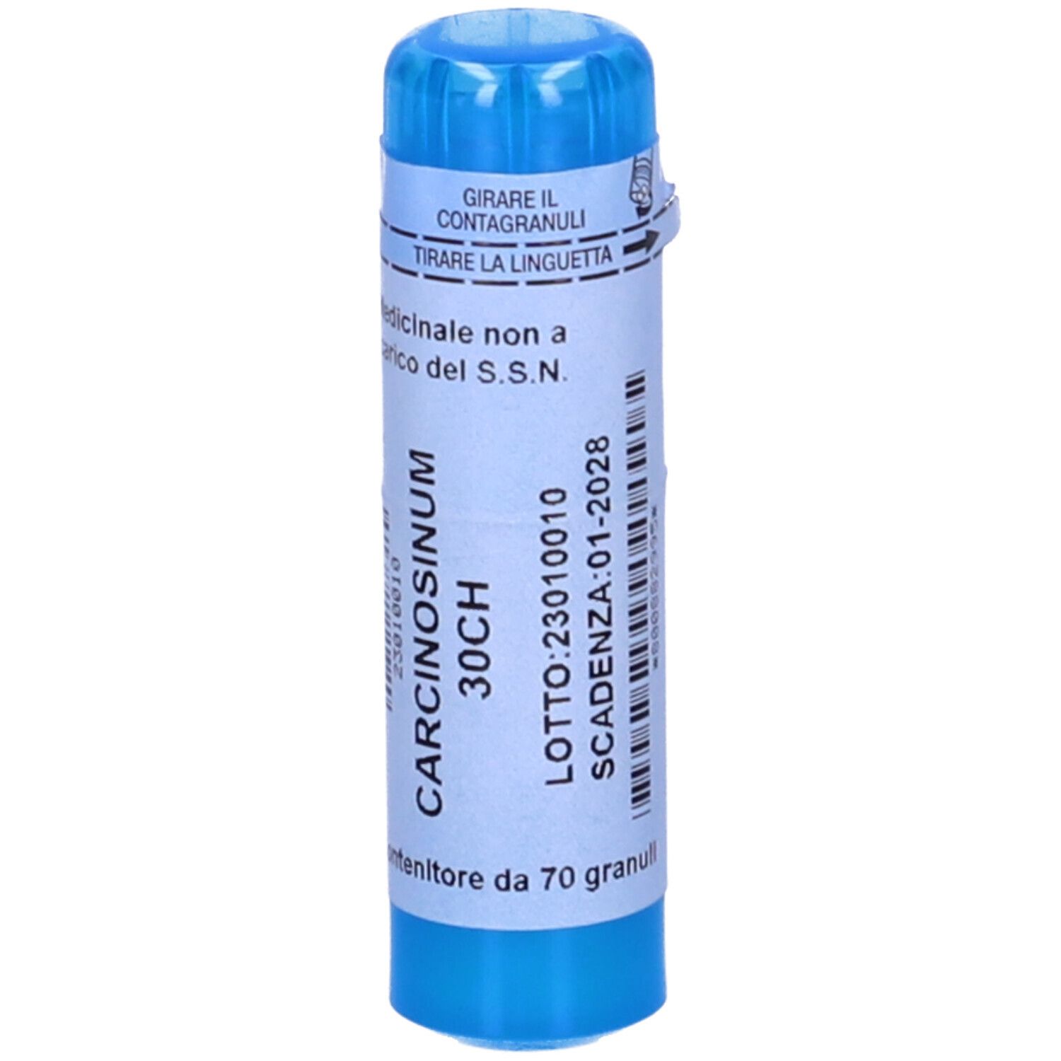 Contenitore cilindrico blu con etichetta bianca. Scritta: Carcinosinum 30CH, 70 Granuli. Con tappo blu.