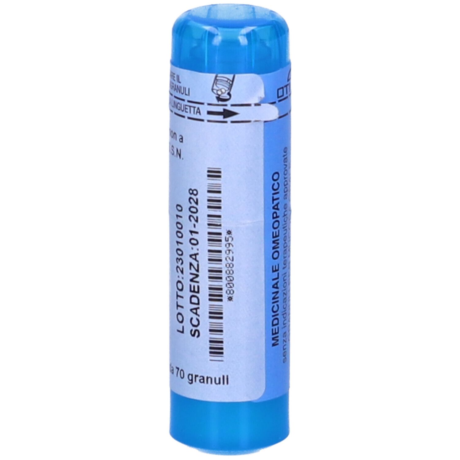 Contenitore cilindrico blu con etichetta bianca. Scritta: Carcinosinum 30CH, 70 Granuli. Con tappo blu.