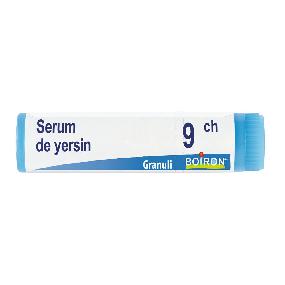 Tubo cilindrico blu. Scritta: Serum de yersin 9 ch, Granuli, BOIRON.