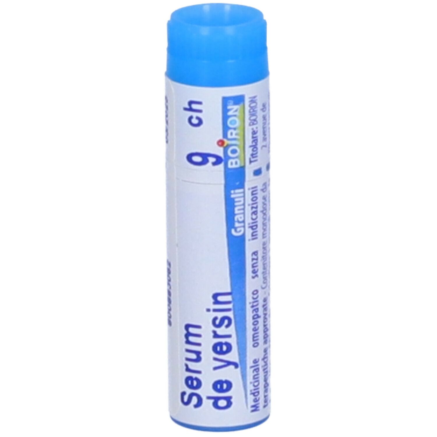 Tubo blu con scritte bianche. Scritta: Serum de yersin 9 ch, Granuli, BOIRON. Medicinale.